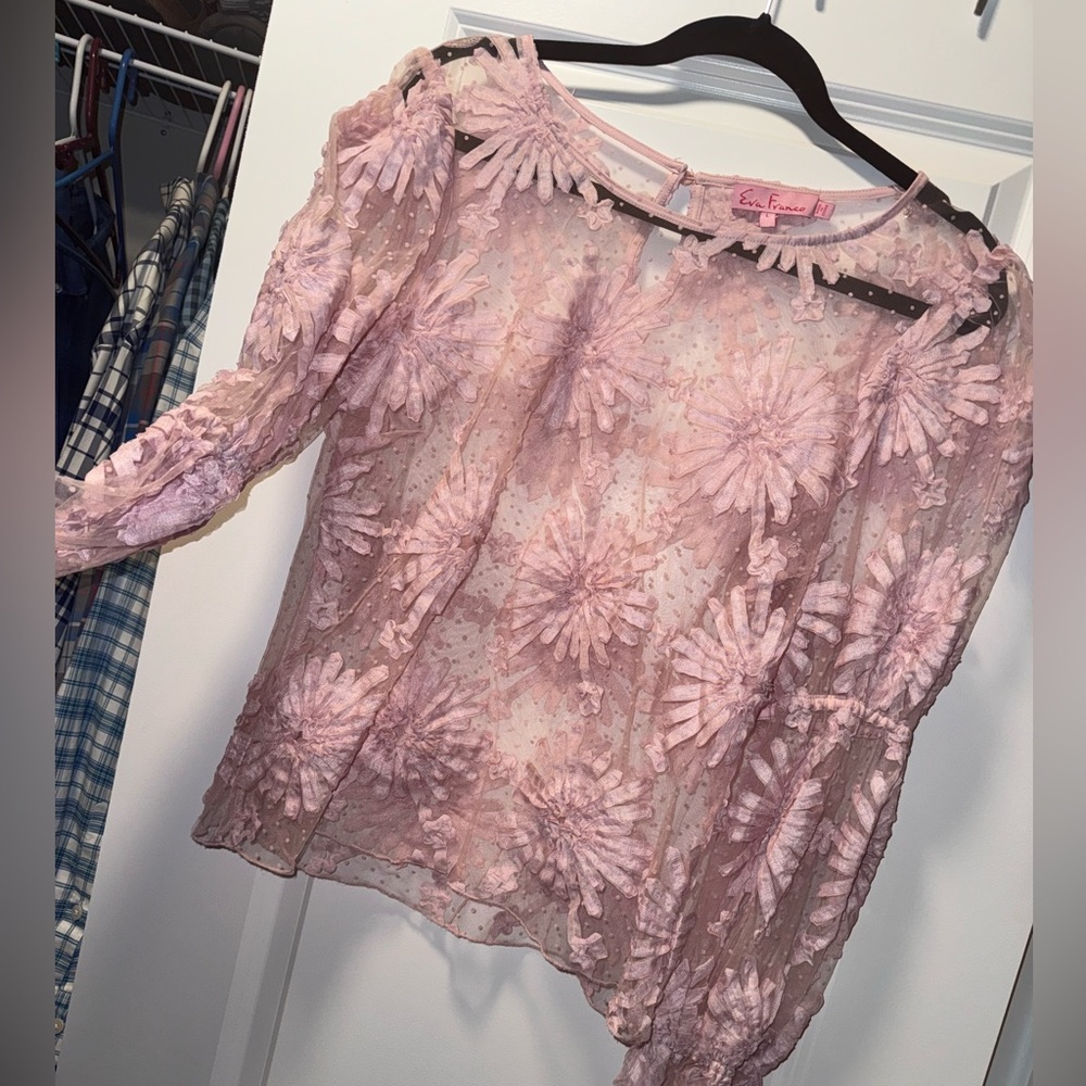 Anthropologie Eva Franco Pink Floral Lace Appliqué Top, Large, New without tags!
